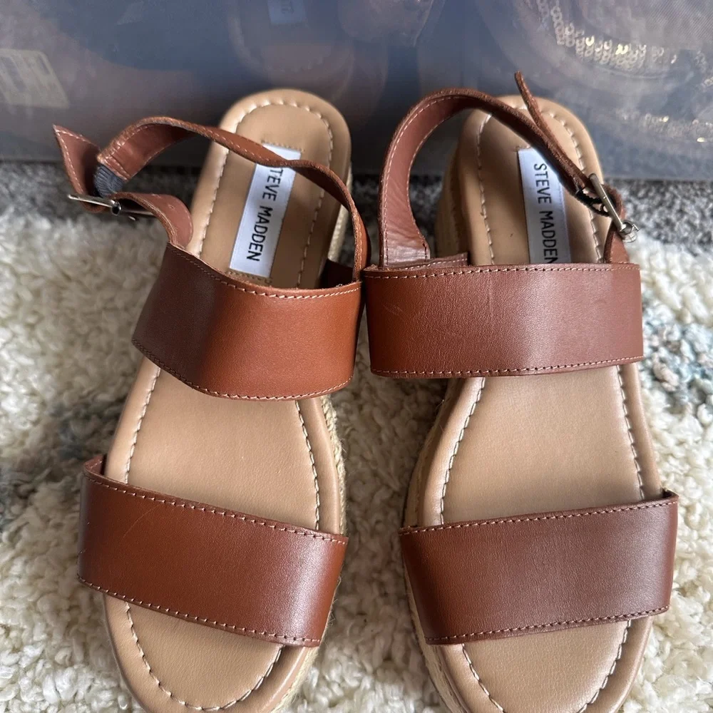 STEVE MADDEN Womens Platform Sandals Size 7 Busy Espadrille Leather 3” Brown NEW